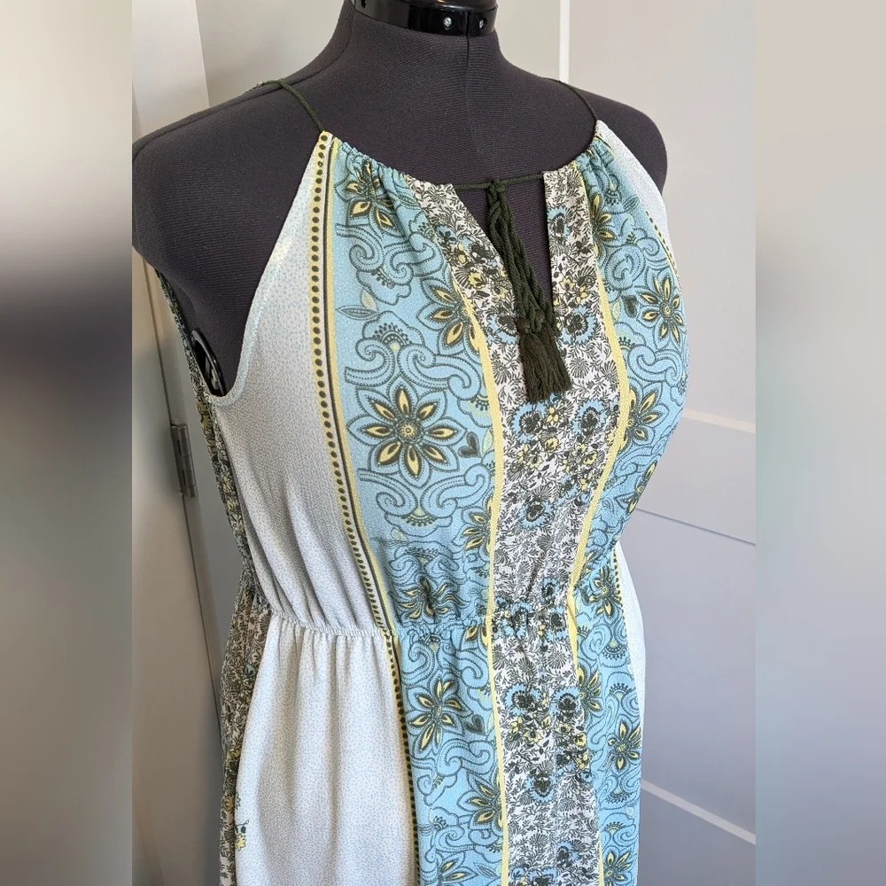 Mi Ami Womens Maxi Dress Plus Size XL Halter Neckline Floral Turquoise Yellow - Picture 2 of 8